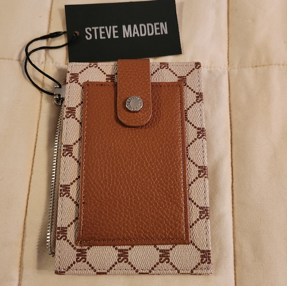 NWT Steve Madden Cognac, Top Zip Bifold Card Wallet, Tan Signature, Initials SM - Picture 1 of 10